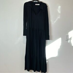 Free People Beach v neck collared long sleeve tiered maxi dress black oversized